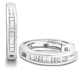 .925 Sterling Silver Plated in White Gold Rhodium Channel Invisible Set Baguette Diamond Hoop Earrings - (.15 cttw)