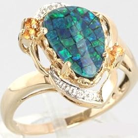 10K Yellow Gold Opal Doublet, Citrine and Diamond Estate Ring by