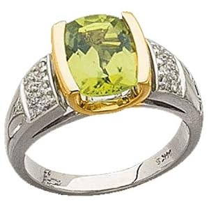 Two Tone Genuine Peridot And Diamond Ring