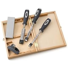 Footprint 89 Series 389MPS 3 Soft Grip Chisels, Mini Plane & Honing Stone in Wooden Storage Box