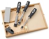 Chisels: Footprint 89 Series 389MPS 3 Soft Grip Chisels, Mini Plane & Honing Stone in Wooden Storage Box