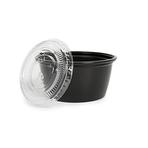 Food Grade Safe Disposable Plastic Portion Cups with Lid (Condiment/Sample/Dressing/Jello Shot) - 2 oz , 500 pack, Black/Clear