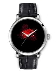 SPRAWL Aanalog Fashion Series Silver Ladies Watches of Genuine Black Leather Strap,Unique Wrist Watch for Women Girls Designed with Design red flower on black background