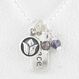 PEACE Word Double Sided Pendant and Lotus Flower Charm in Sterling Silver with Iolite Gemstone Beads on a 16" Bead Chain, #8347