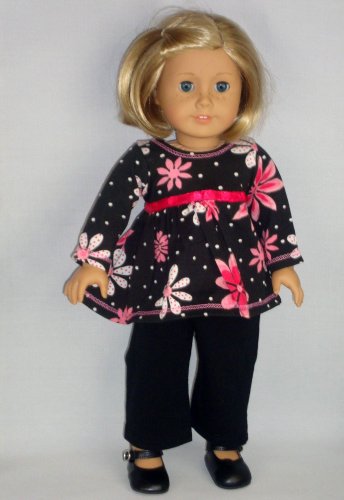 2 Pc Black Pant Suit with Pink Flowers Made for the 18 Inch Doll Like the American Girl Doll Series Shoes Sold Seperately