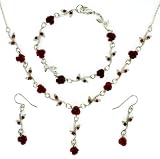 Red Rose Austrian Crystals Necklace, Bracelet, and Dangle Earrings Set