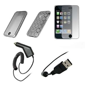Empire - Premium Clear Soft Silicone Gel Skin Cover Thermoplastic Polyurethane (TPU) Case + Crystal Clear Screen Protector + Rapid Car Charger + USB Data Sync Charge Cable for Apple iPhone 3G, 3G S