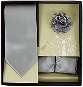 Men's Microfiber Silver Grey Matching Necktie Tie, Hanky and Lapel Pin Box Set
