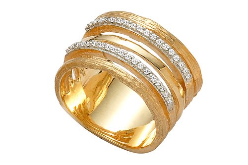 14K Yellow Gold Hand-Crafted Matte-Finish Designer Ring, Enhanced with Pave Set Diamonds.