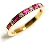 Baguette Shape Ruby and Round Brilliant Shape Diamond Channel Set in Anniversary Band Part Way Ring Size 6.5 (T.w 1.15)