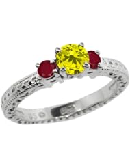 0.83 Ct Round Canary Diamond Red Ruby 14K White Gold 3-Stone Ring