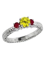 0.83 Ct Round Canary Diamond Red Ruby 18K White Gold 3-Stone Ring