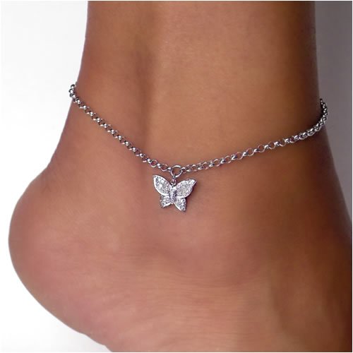 14k White Gold Diamond Butterfly Anklet