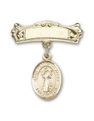 14K Gold Baby Badge with St. Francis of Assisi Charm and Arched Polished Badge Pin