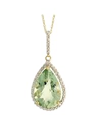 10k Gold Teardrop Pendant w/ Brilliant Cut Diamonds & Pear Cut (15x10mm) Green Amethyst Stone, w/ 18 in. Thin Singapore Chain