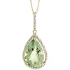 10k Gold Teardrop Pendant w/ Brilliant Cut Diamonds & Pear Cut (15x10mm) Green Amethyst Stone, w/ 18 in. Thin Singapore Chain