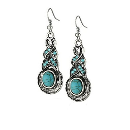 LiangXuanChen Retro Ethnic Tibetan Silver Oval Rimous Turquoise Crystal Drop Dangle Earrings
