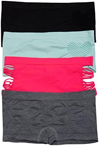 Lady Princess Juniors Heart Mesh Cutout Boyshorts 4-Pack (Small, Pink/Mint/Black/Gray)
