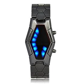 Futuristic Japanese Style Blue LED Watch with dark metal strap