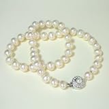 White 9-10mm AA+ Cultured Pearl Strand Princess Necklace w. Cubic Zirconia Pearl Stud CAREFREE Sterling Silver Clasp 18