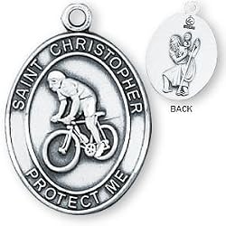 Sterling Silver Saint Christopher Mens-Boys Biking Medal and 24-inch Chain