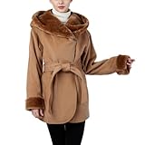 Phistic Women's Drop Shoulder Wool Blend Hooded Coat with Faux Fur Trim - Camel L