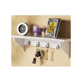 20 inch White Wall Storage Shelf with 4 Coat / Key Hooks