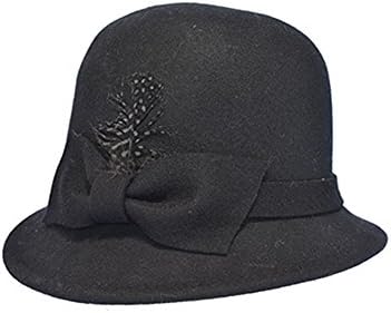 Women's Vintage Large Leopard Feather Bow Wool Cloche Bucket Hat (Black)