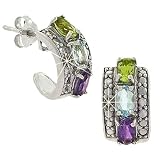 Image of Genuine Peridot Blue Topaz Amethyst Silver J-Hoop Earrings