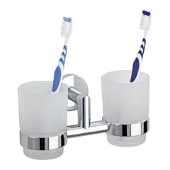 WENKO 17959100 Zahnputzbecher und -halter Duo Napoli-Revello Duo Power-Loc - Befestigen ohne Bohren, Glas, Messing verchromt, rostfrei, 19 x 9.5 x 8 cm