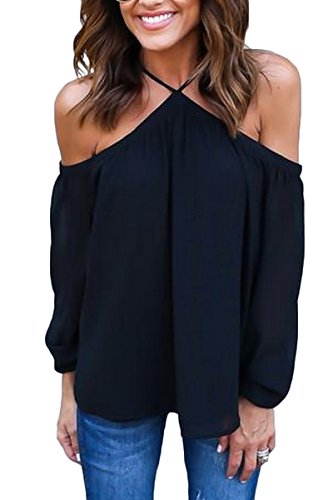 Mulisky Womens Sexy Halter Shirt Cold Shoulder Backless Loose Blouse Black M