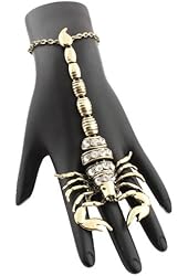 2 Pieces of Burnished Goldtone Scorpion Adjustable Finger Ring and Hand Chain Bracelet One Size Fits All Poparazzi