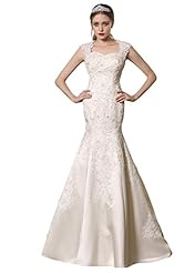 Cap Sleeves Queen Anne Neck Illusion Lace Applique Beaded Satin Mermaid Wedding Dress 