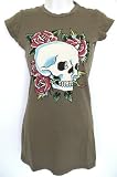 Ed Hardy Womens Tunic Tee Shirt - Skull & Roses Design - Olive Green