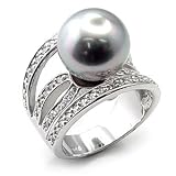 Sterling Silver 12mm Gray Synthetic Pearl Pave CZ Ring