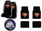 A Set of 4 Universal Fit Superman Classic Red and Yellow Shield Plush Carpet Floor Mats and 1 Comfort Grip Steering Wheel Cover and A Set of 2 Universal Fit Seat Covers