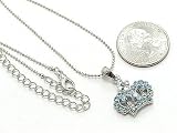Designer Look Blue Zircon Royal Crown Charm Necklace with Austrian Crystals Silver Tone