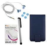 GTMax Premium Blue Leather Flip Carrying Case + Clear LCD Screen Protector + Blue Stereo Candy Soft Gel Headset 3.5mm + Silver Stylus for Apple iPod touch 8GB 32GB 64G 3rd Generation NEWEST MODEL