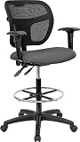 Gray Fabric and Mesh Drafting Stool with Arms [WL-A7671SYG-GY-AD-GG]