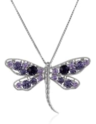 Sterling Silver Colored Crystal Dragonfly Pendant Necklace, 18"