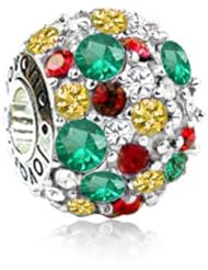 Christmas Charm, Sterling Silver Swarovski Crystals Charm with Green , Red ,Yellow, Clear Swarovski Crystals , Fits Pandora and All Brands Charm Braceletes and Necklaces.