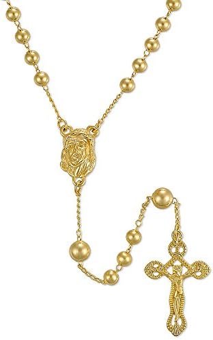 5mm Beads Jesus Head Rosary Cross Chain Necklace 24" Rosary Necklace 14k Yellow Gold Brass
