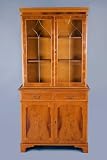 Antique Yew Wood Bookcase with Etched Glass Doors