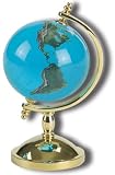 Desktop Paperweight Spinning Globe, Aqua Crystal Earth Sphere, 22k Gold-Plated Stand, 4 Inches Tall
