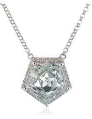 Sterling Silver Green Amethyst and Diamond Pentagon Necklace, 18"
