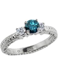 0.79 Ct Round Blue and G/H Diamond 18K White Gold 3-Stone Ring