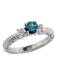 0.79 Ct Round Blue and G/H Diamond 18K White Gold 3-Stone Ring