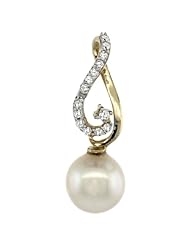 14k Gold 18 in. Thin Chain & 1 in. (26mm) tall Heart-shaped Loop Pearl Pendant w/ 0.16 Carat Brilliant Cut ( H-I Color; VS2-SI1 Clarity ) Diamonds & 9mm White Pearl