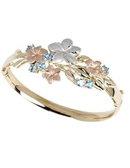 14K Tri Color Plumeria Floral & Gemstone Bangle