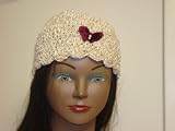 Hand Crocheted Pink Color Chenille and Gimp Tweed Helen Saha Skull Cap Trimmed with Two Burgundy Color Rhinestone Butterfly for Women and Teens